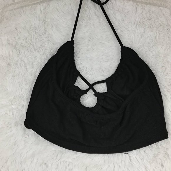 BY DYLN Womens Silo Crop Top Black Ribbed Crossover Halter Spaghetti Strap L New - Picture 3 of 9